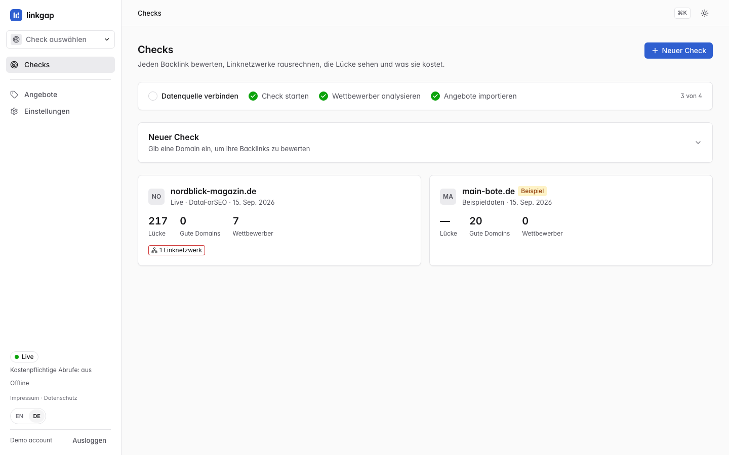Die Check-Übersicht in linkgap: eine Einrichtungs-Checkliste mit drei von vier erledigten Schritten, eine Kachel für einen neuen Check und zwei Projektkacheln. nordblick-magazin.de zeigt Lücke 217, 0 gute Domains, 7 Wettbewerber und den Hinweis auf 1 Linknetzwerk, ein Beispielprojekt ist orange als „Beispiel“ markiert.