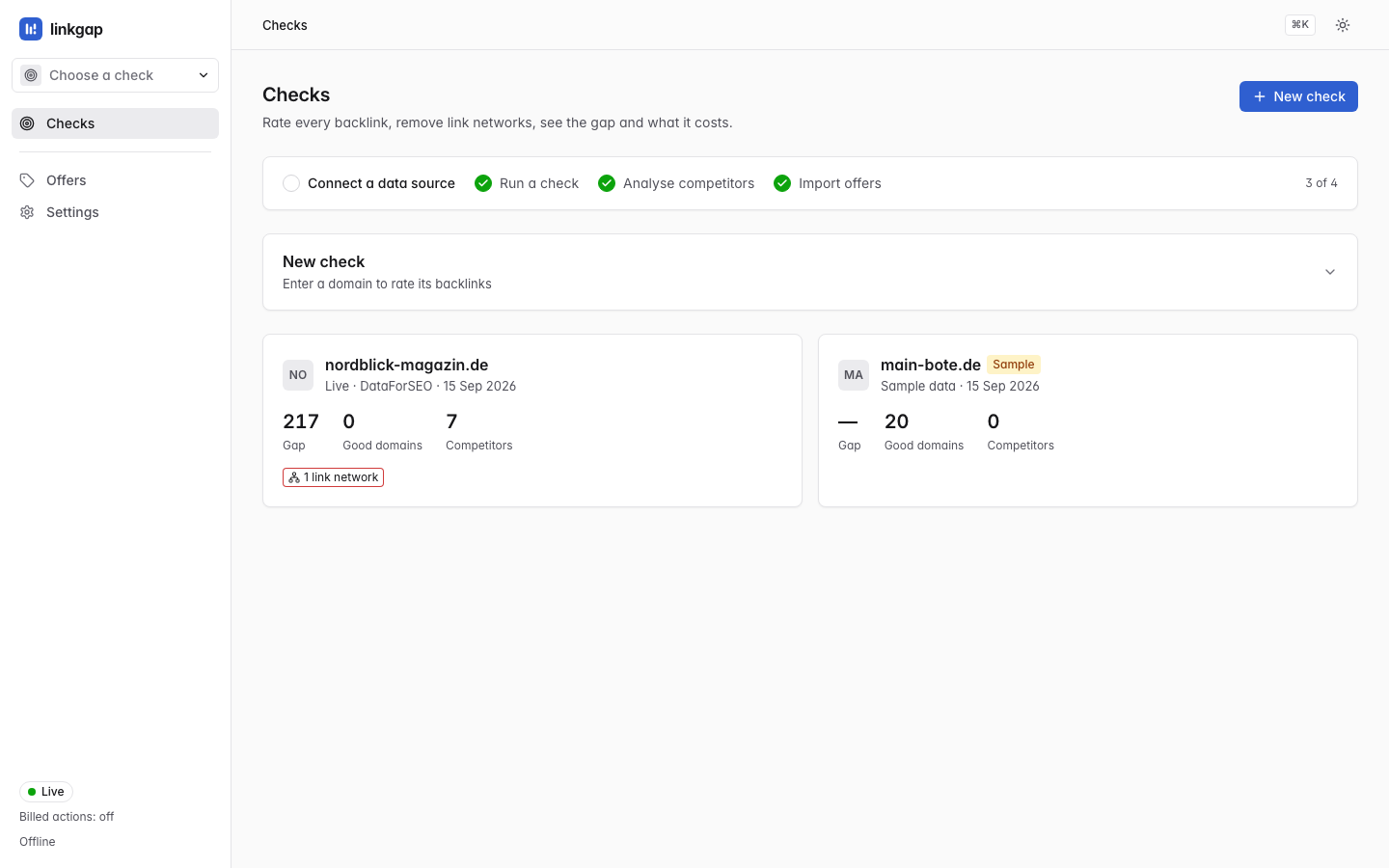 The linkgap checks screen with a four-step setup checklist at three of four, a new check card, and two project cards: nordblick-magazin.de showing gap 217, 0 good domains, 7 competitors and a 1 link network warning, and lowveld-travel.de carrying an amber Sample badge.